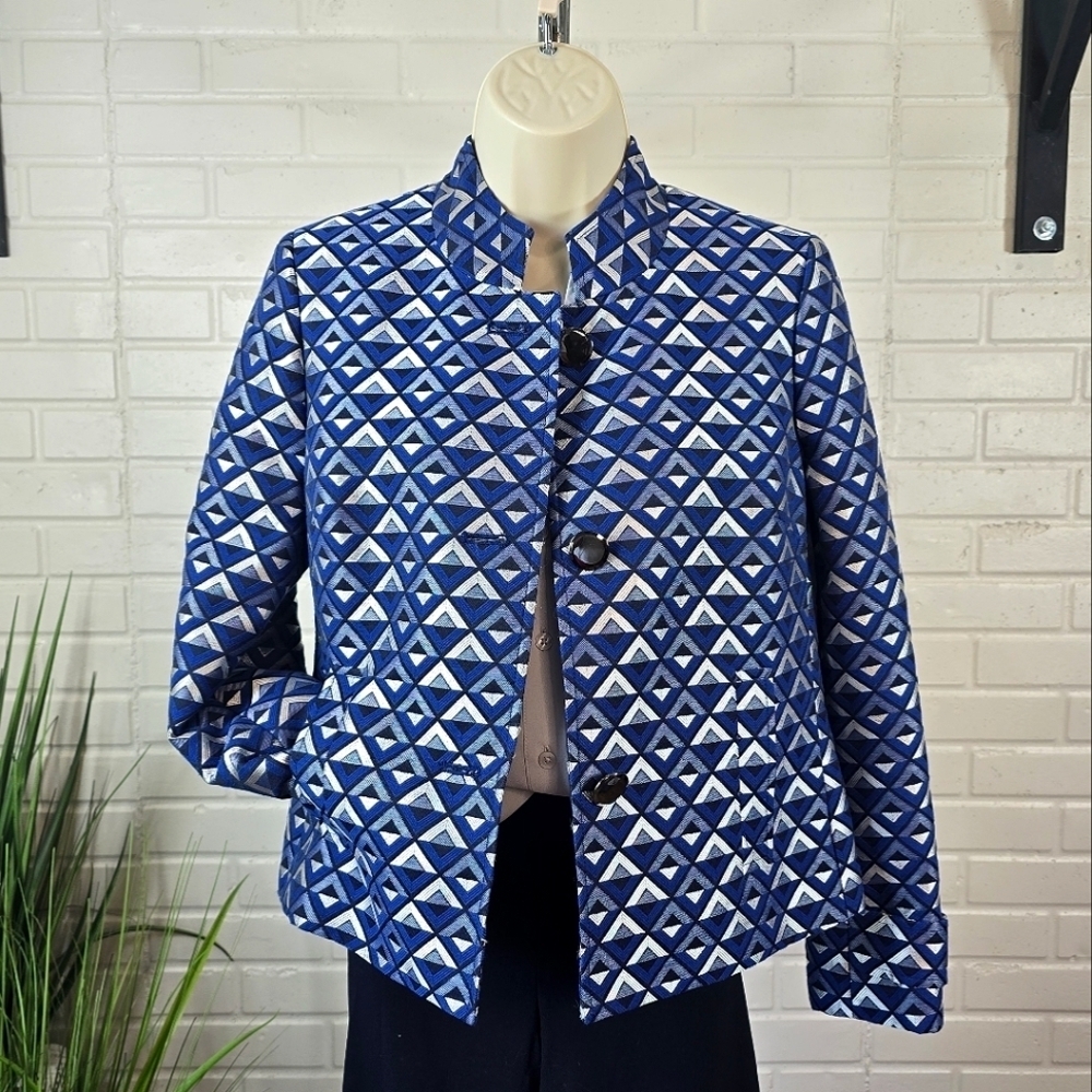 Kasper Geometric Blue and Silver Blazer Jacket Size 4 Or Small Petite